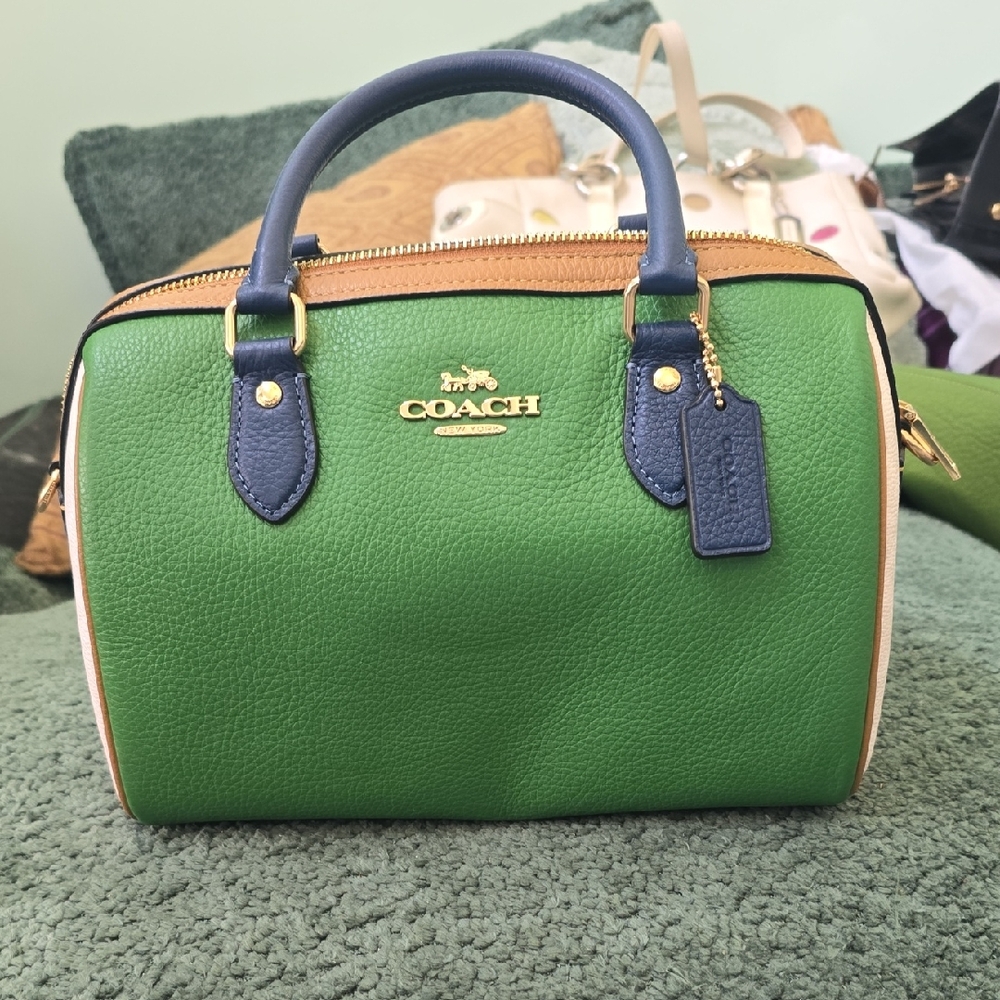 COACH Green Pebbled Leather Satchel with Navy Handles and Tan Trim